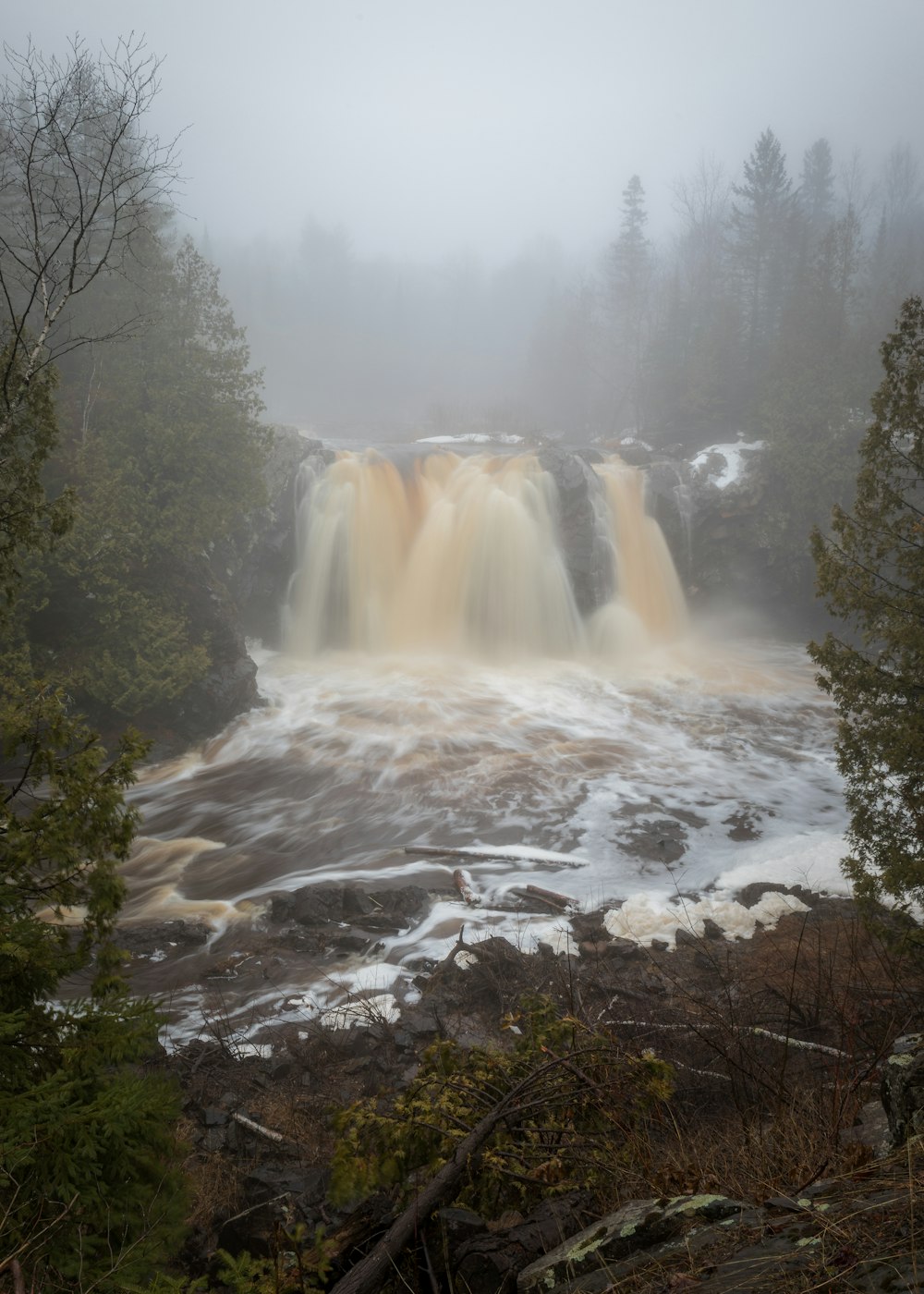 a waterfall in the middle of a forest on a foggy day