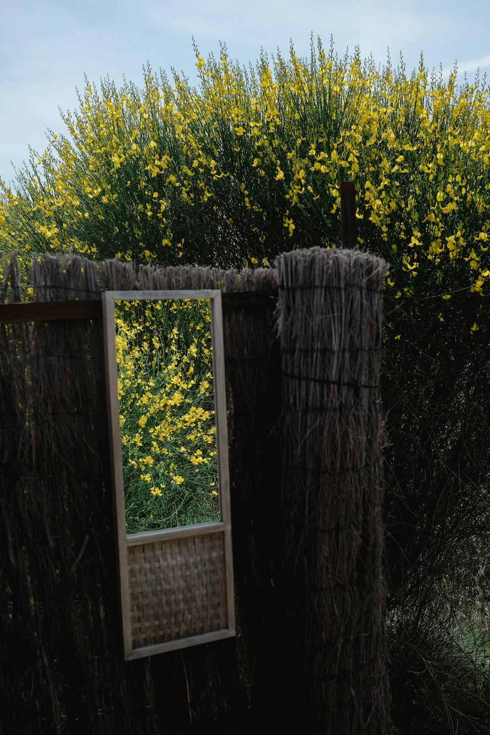 a mirror sitting on top of a wooden fence