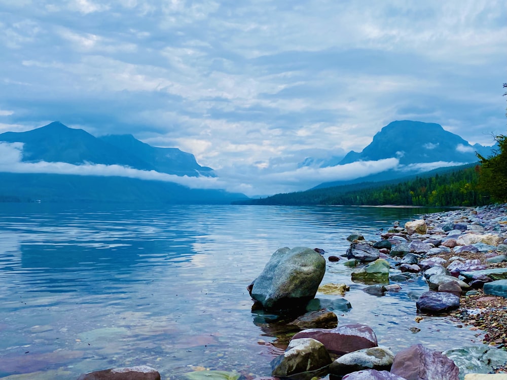 a body of water surrounded by rocks and trees