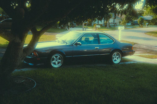 A classic maroon car parked beside a tree-lined suburban street in warm afternoon light.