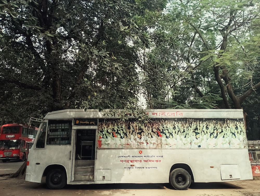 a white bus parked in front of a tree