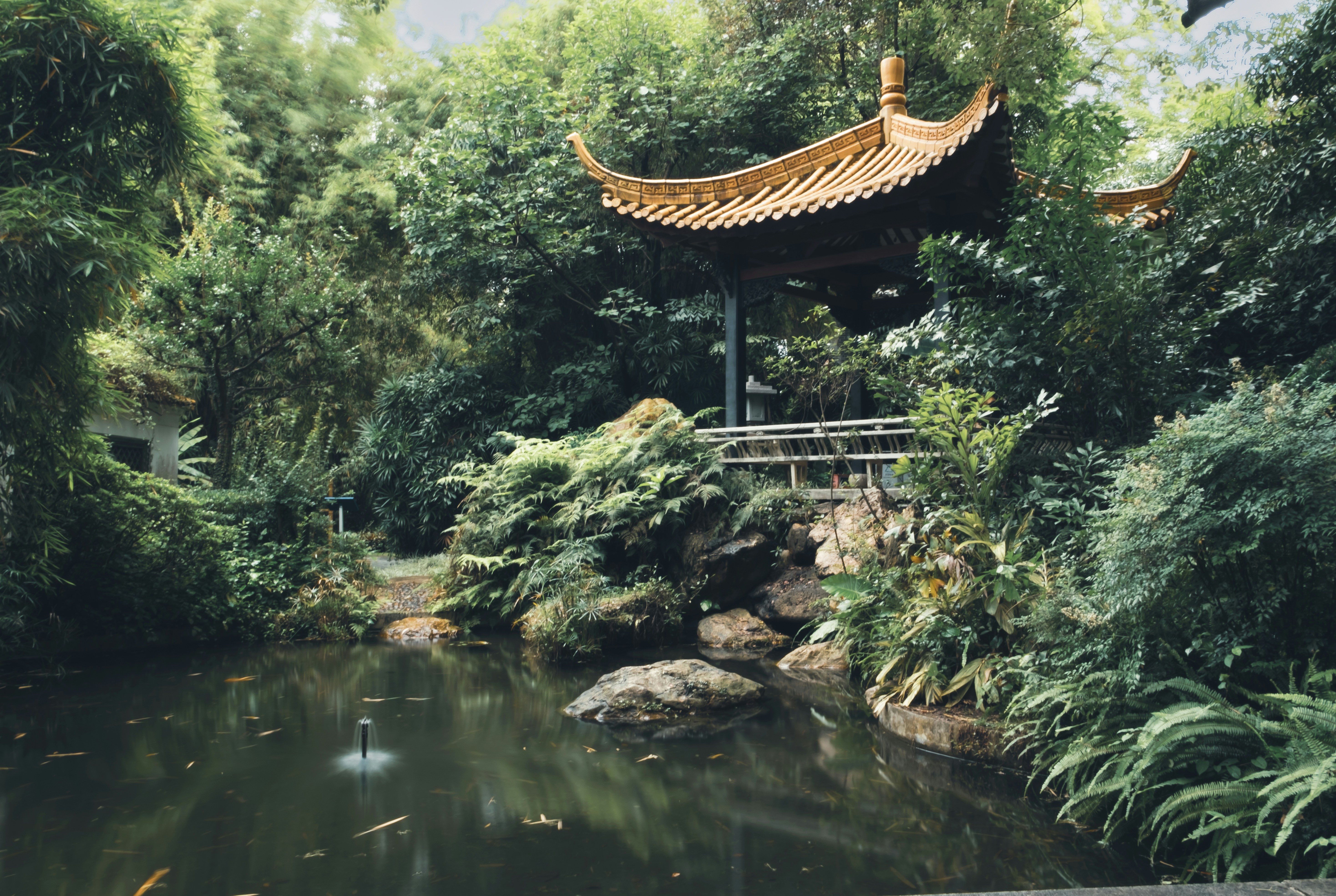 a pond in a garden with a pagoda in the background