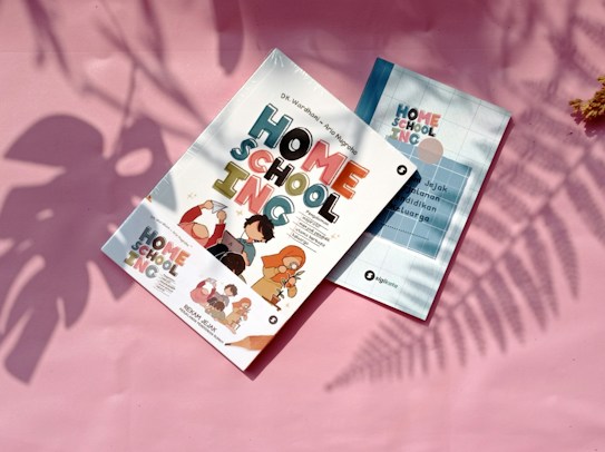 Two books titled 'Homeschooling' are placed on a pink surface, with soft shadows of plants. The books feature colorful cartoon illustrations and text. The cover design includes characters engaging in learning activities.
