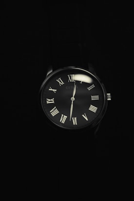 A classic analog wristwatch with a dark face and Roman numerals, displaying a minimalistic and elegant design.