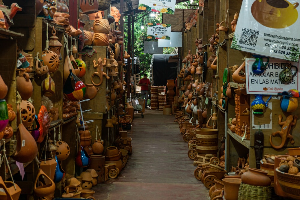 Un callejón estrecho con muchas ollas y cestas colgantes