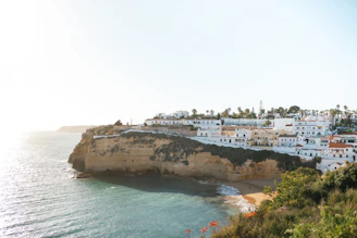 a view of a beach with a cliff in the foreground