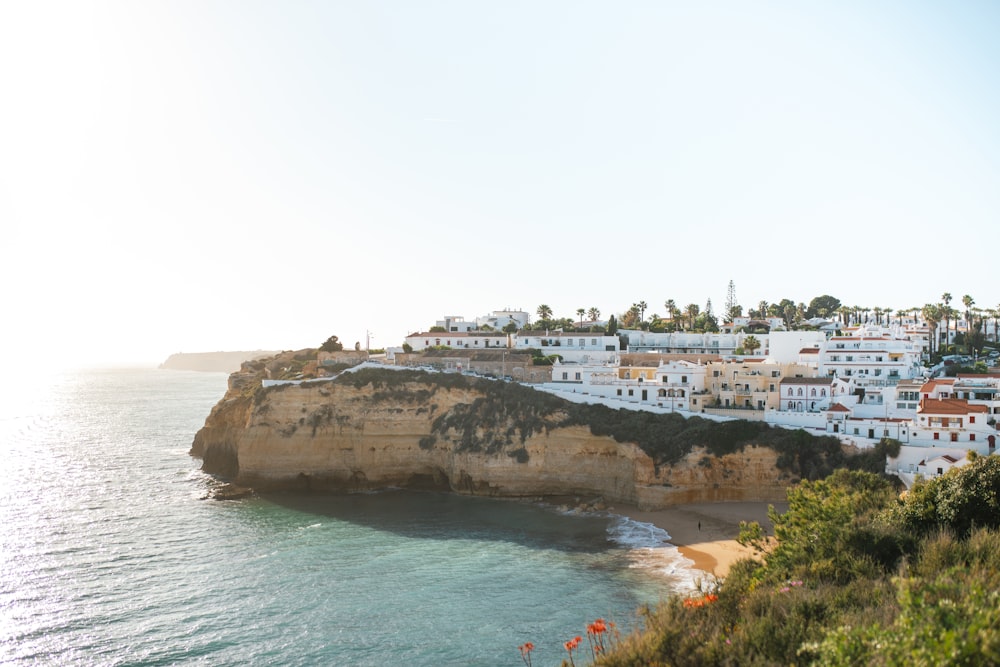 a view of a beach with a cliff in the foreground