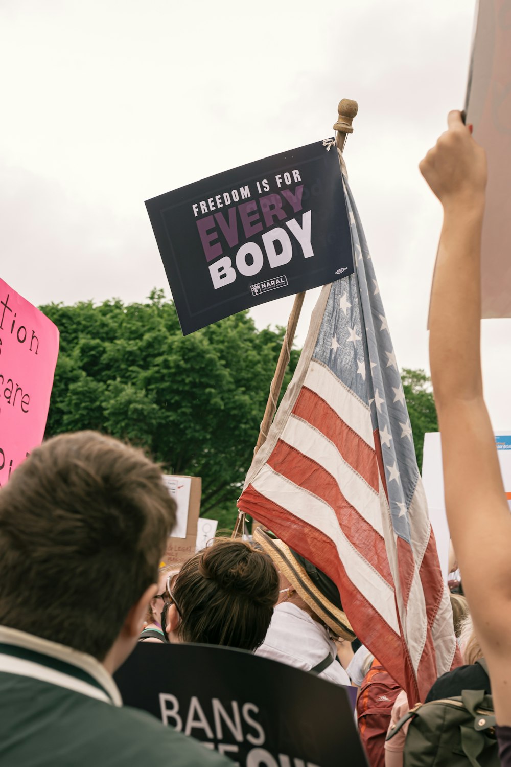 a group of people holding signs and flags