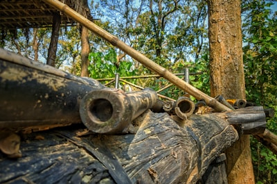 A collection of large bamboo pipes resting on wooden logs in a lush forest setting. The structures are aged, showcasing textures of bamboo and wood, with greenery and trees in the background.