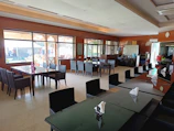 Communal kitchen area with stainless steel appliances and dining tables