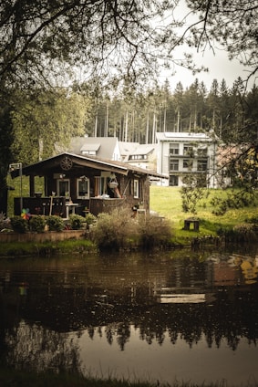 A cozy wooden cabin by King's Pond with a vintage microphone set up, surrounded by lush greenery and calm water.