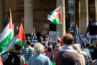 a large group of people holding flags and signs