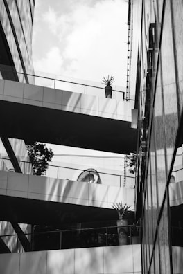 A monochromatic photograph captures a modern architectural scene, featuring a multi-story building with geometric lines and reflective surfaces. Several elevated walkways connect different parts of the structure, adorned with potted plants. The image contains stark contrasts between light and shadow, with reflections creating intricate patterns on the building surfaces. The background sky is partially visible, dotted with clouds.