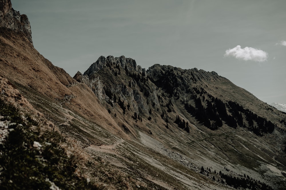 a view of a mountain range from the top of a hill