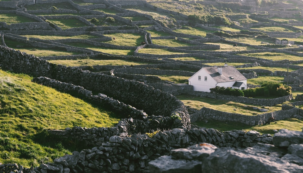 Une maison blanche assise au sommet d’une colline verdoyante