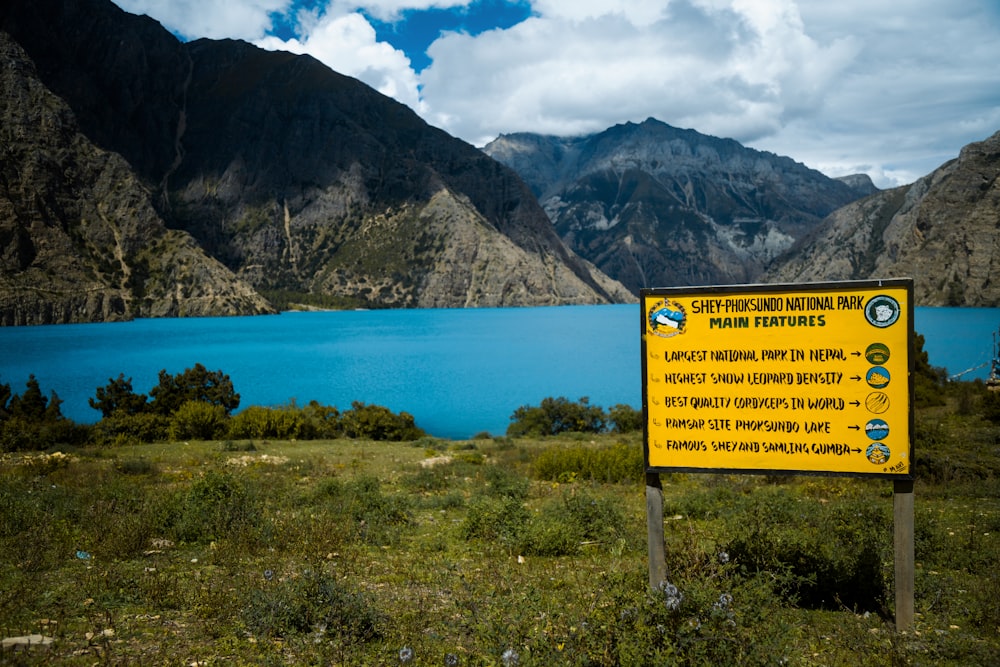 a yellow sign sitting on the side of a lush green field