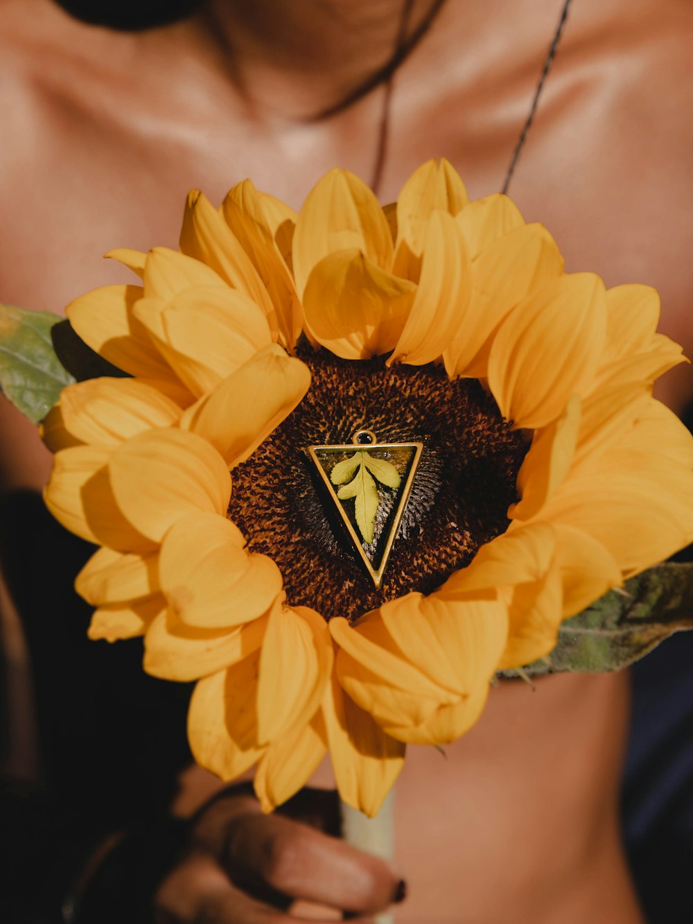 a woman holding a sunflower with a triangle on it