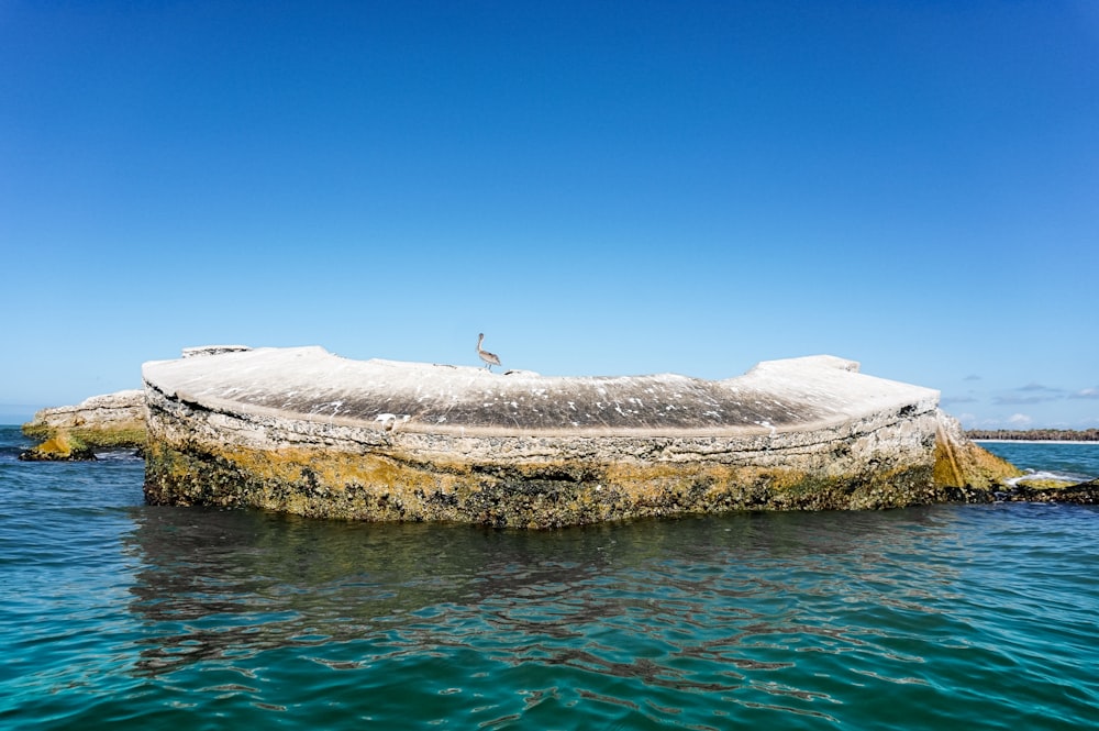 a boat sitting on top of a rock in the ocean