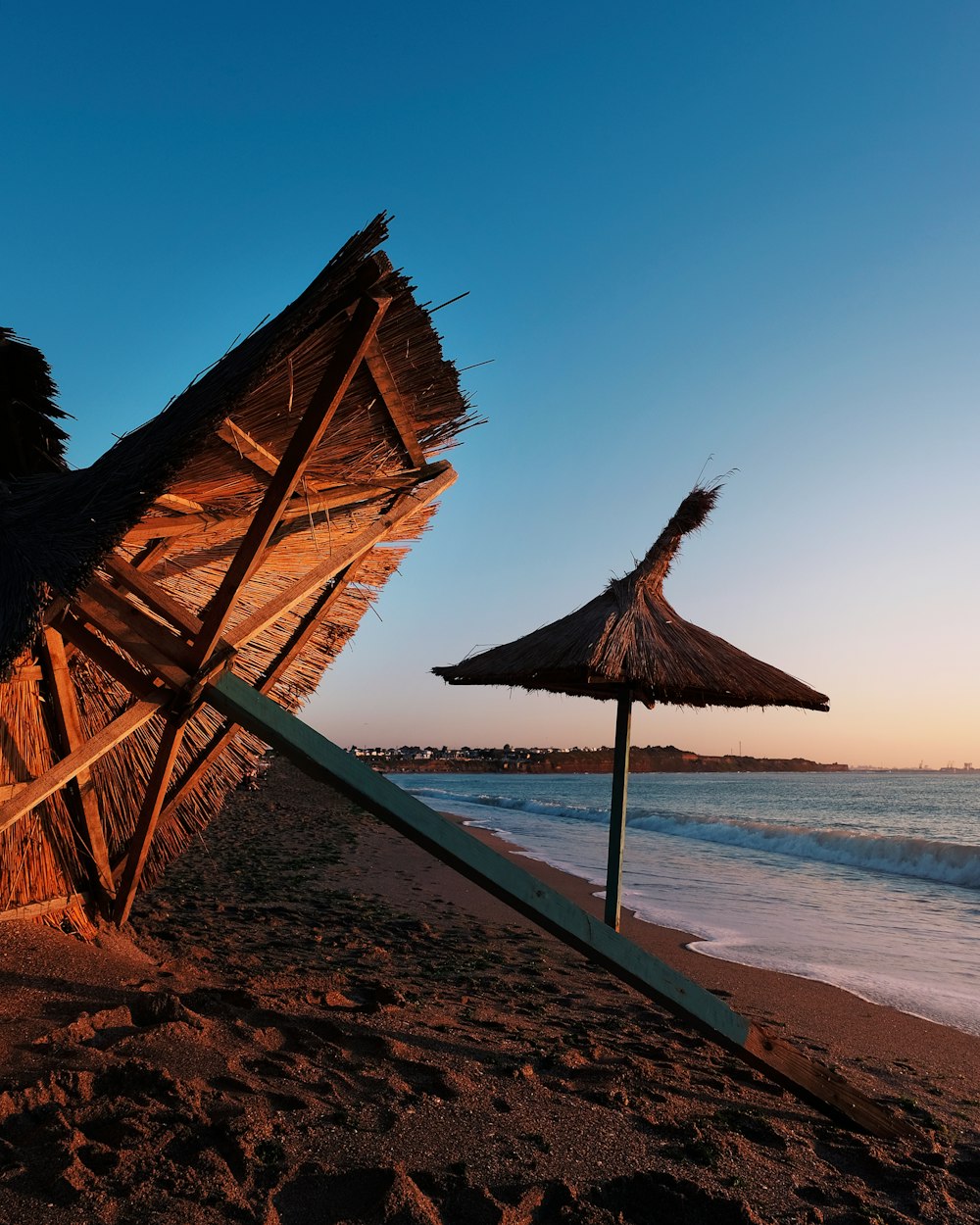 two umbrellas on a beach near the ocean