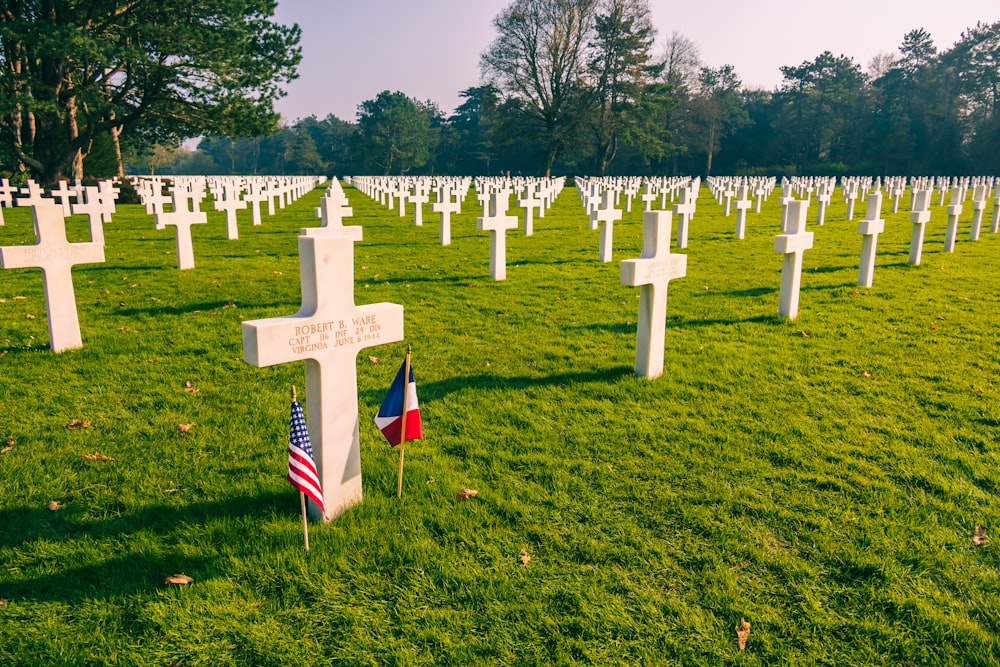 Un champ plein de croix avec des drapeaux dessus