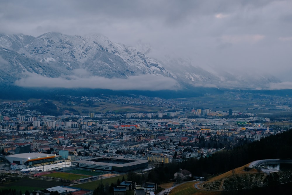 a view of a city with a mountain in the background