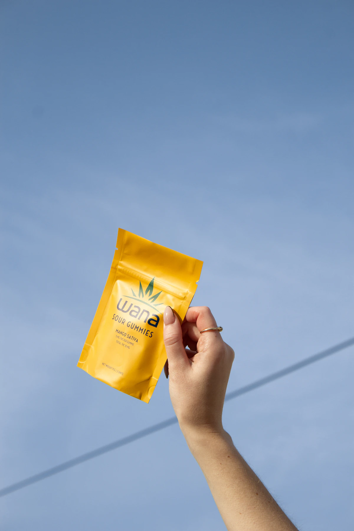 Licensed brand cannabis gummies package held up, showing compliant labeling from a licensed California retailer