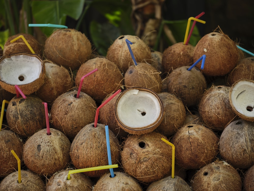 a pile of coconuts with straws sticking out of them