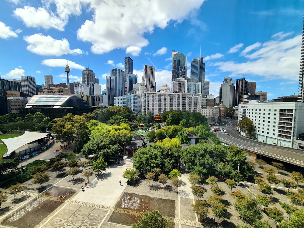 a view of a city with tall buildings