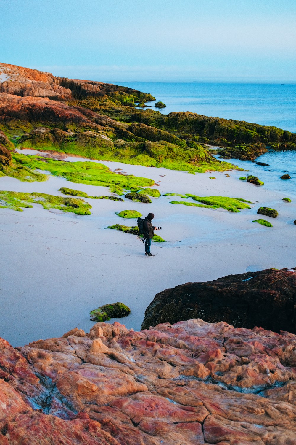 Un hombre parado en una playa junto a un cuerpo de agua