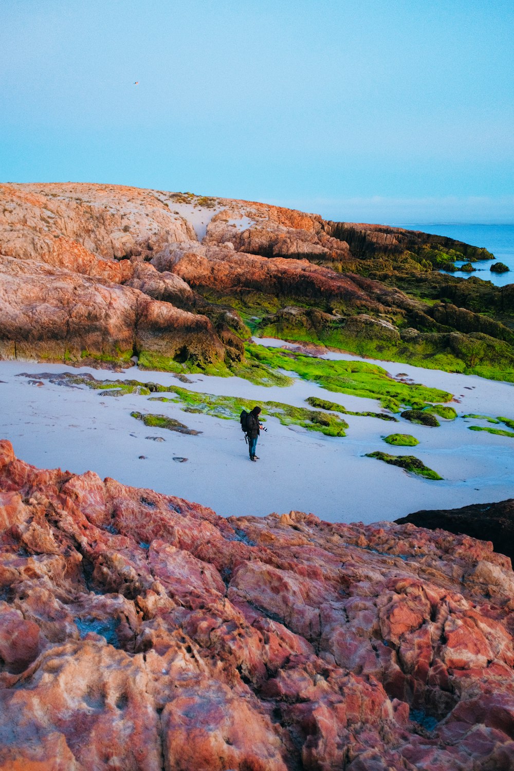 Una persona sola in piedi su una spiaggia rocciosa