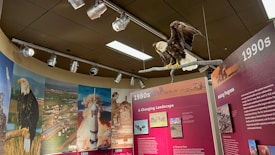 A museum exhibit features informational panels about historical events from the 1980s and 1990s. A prominent bald eagle sculpture is mounted above the displays, with various photographs depicting landscapes, a rocket launch, and industrial scenes on the surrounding walls.