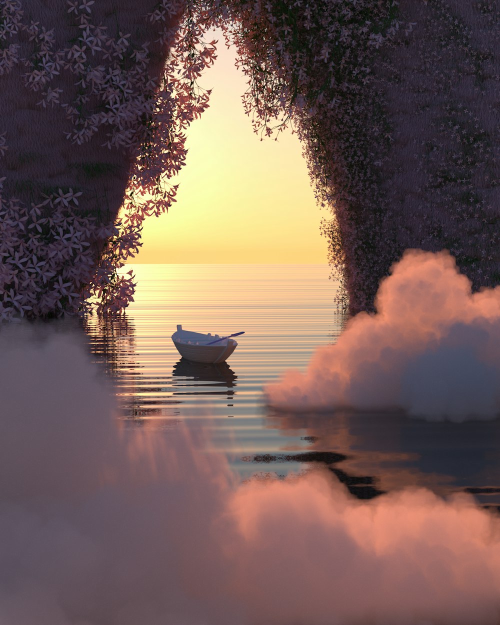 um barco flutuando em cima de um corpo de água cercado por nuvens