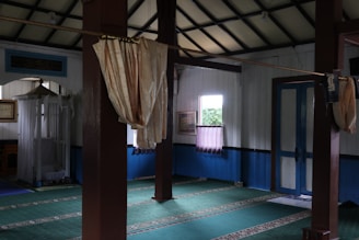 A serene counseling office with deep blue and gold decor, promoting a calming atmosphere.