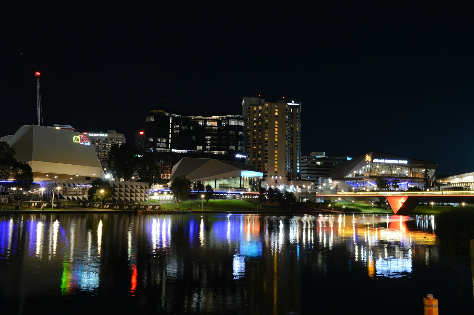 Adelaide night city lights reflecting in water