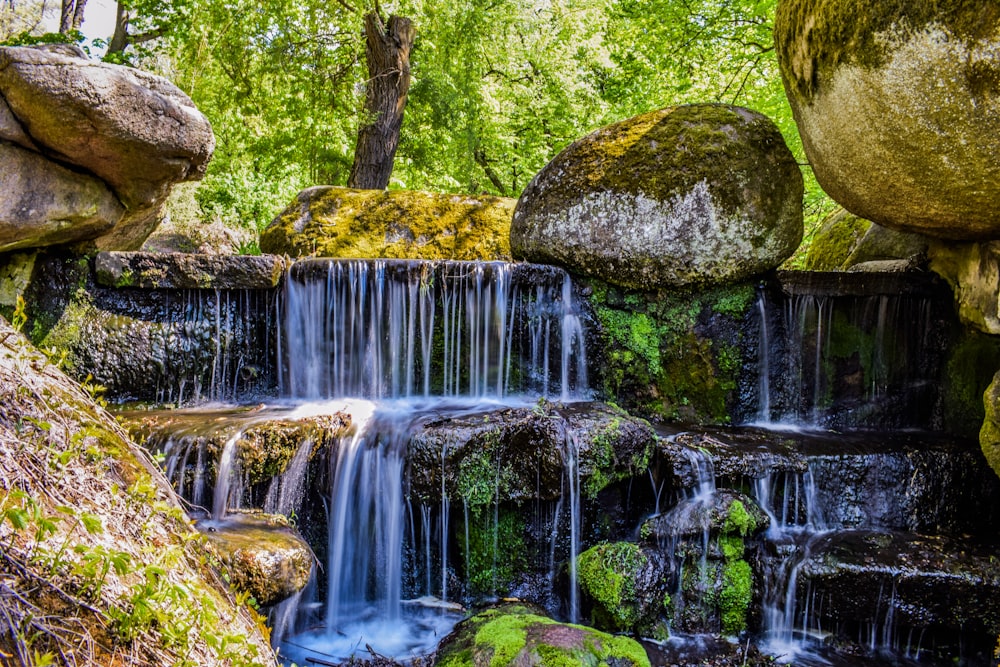 a small waterfall in the middle of a forest