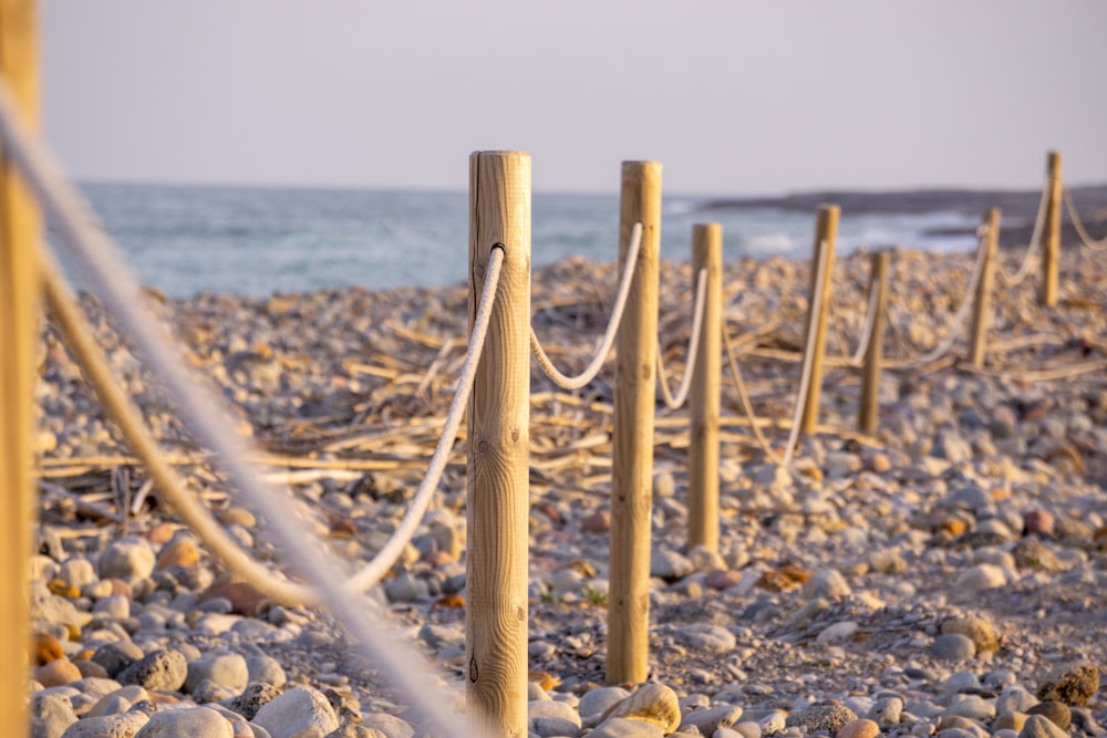 a row of wooden poles sitting on top of a rocky beach