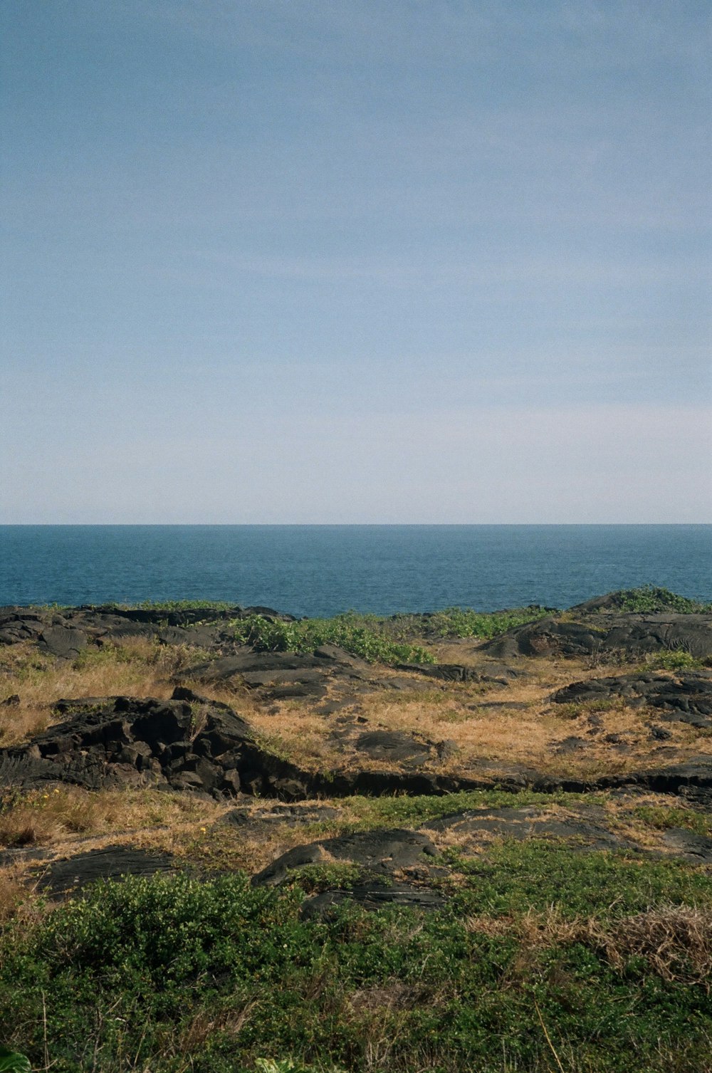 a bench sitting on top of a grass covered hillside