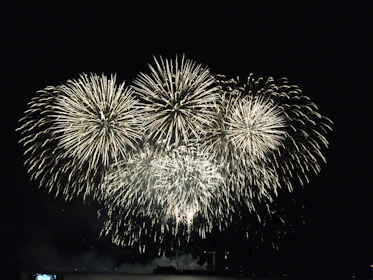 A dazzling fireworks display lighting up the night sky above a grand outdoor wedding celebration.
