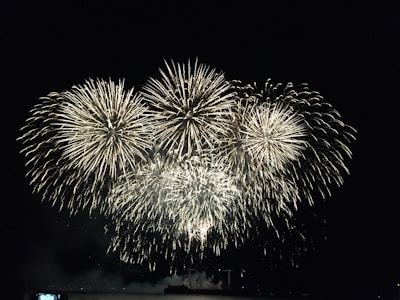 A dazzling display of large fireworks exploding in the night sky, with bright bursts of light radiating outward. The scene is illuminated by multiple fireworks creating a grand spectacle against the dark background.
