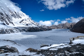a large body of water surrounded by snow covered mountains