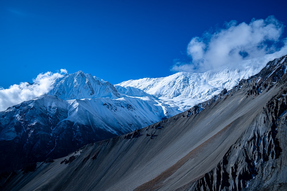 a snow covered mountain with clouds in the sky