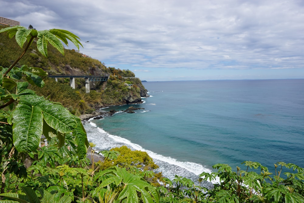 uma vista panorâmica do oceano e uma ponte