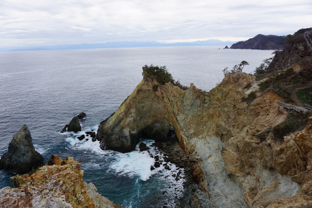 a large body of water near a rocky shore