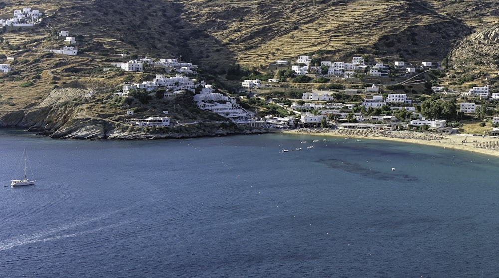 an aerial view of a beach with a boat in the water