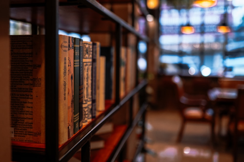 a close up of a bookshelf