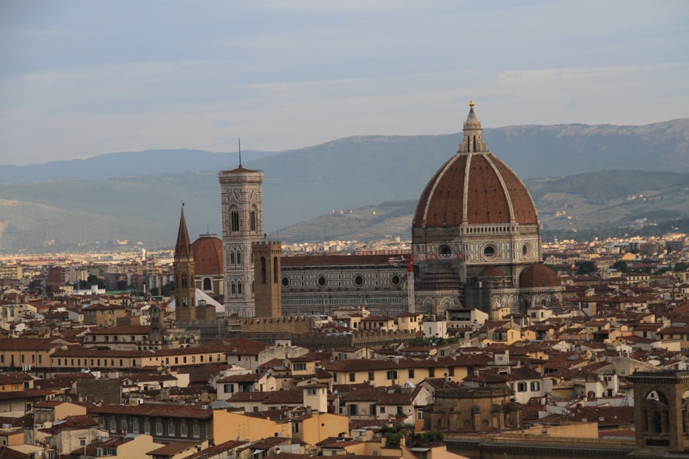 a view of a city with a cathedral and mountains in the background