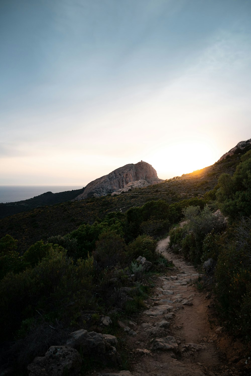 a path leading to a mountain with a sunset in the background
