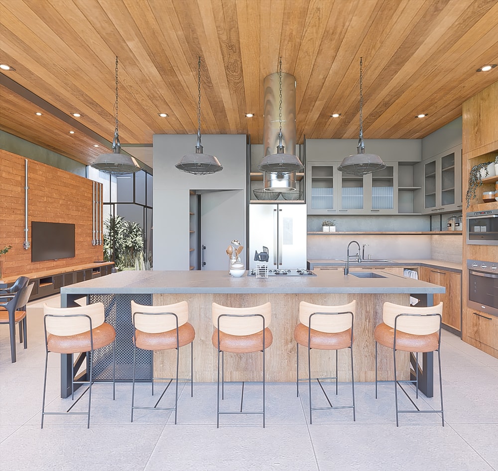 a kitchen with a center island surrounded by chairs