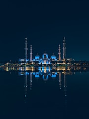 An illuminated mosque with multiple domes and minarets reflected symmetrically on a calm body of water at night. The structure is bathed in blue lighting, creating a serene and majestic atmosphere.