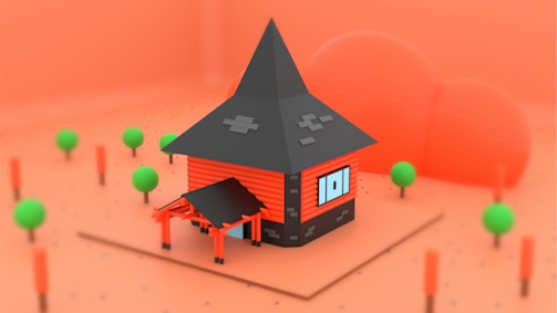 A stylized, blocky house with a steep dark roof and bright orange walls placed in a minimalistic landscape. The house features a small covered porch and a single prominent window. Surrounding the structure are sparse, abstract trees with green spherical tops, set against a uniformly orange background.